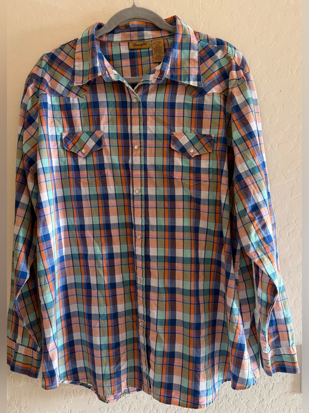Wrangler, 3XL, plaid long-sleeve western shirt with pearl snap buttons